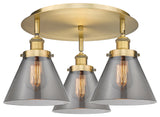 Cone-3 Light 20" Flush Mount-Brushed Brass, Plated Smoke Glass Shade