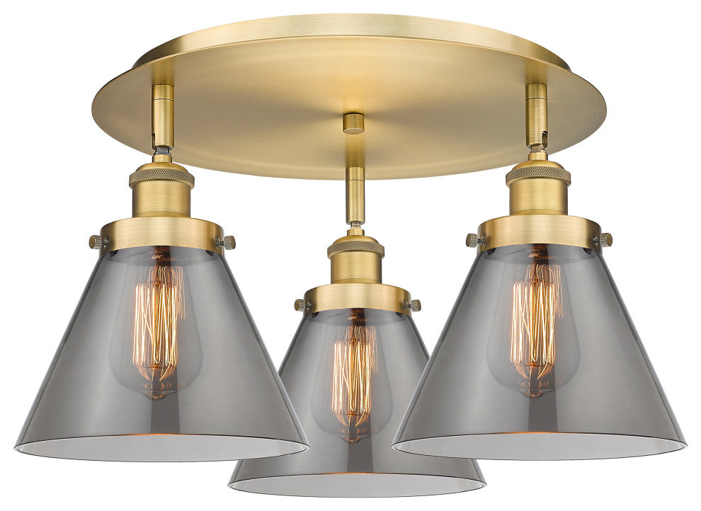 Cone-3 Light 20" Flush Mount-Brushed Brass, Plated Smoke Glass Shade