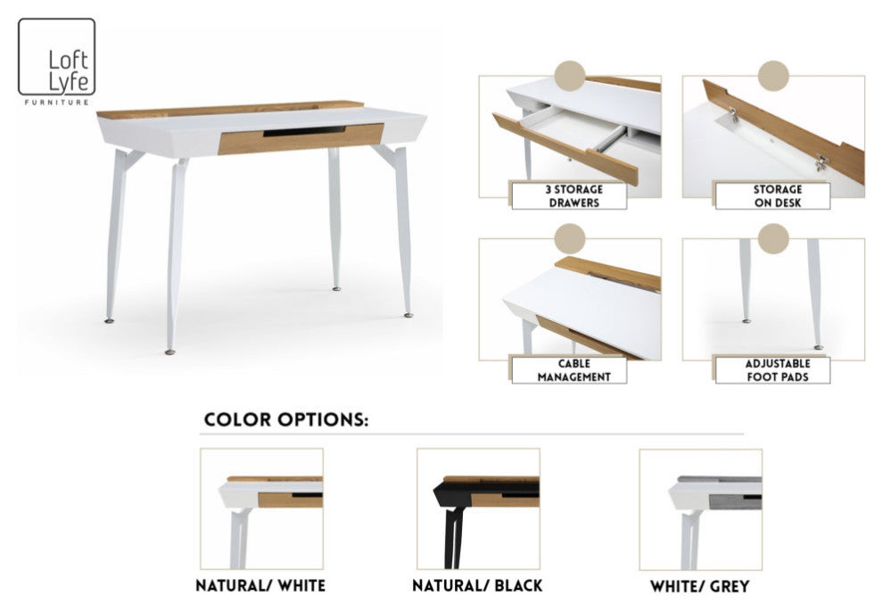 Loft Lyfe Arwen Desk, 3 Storage Drawers, Extra Storage on Top, White/Natural
