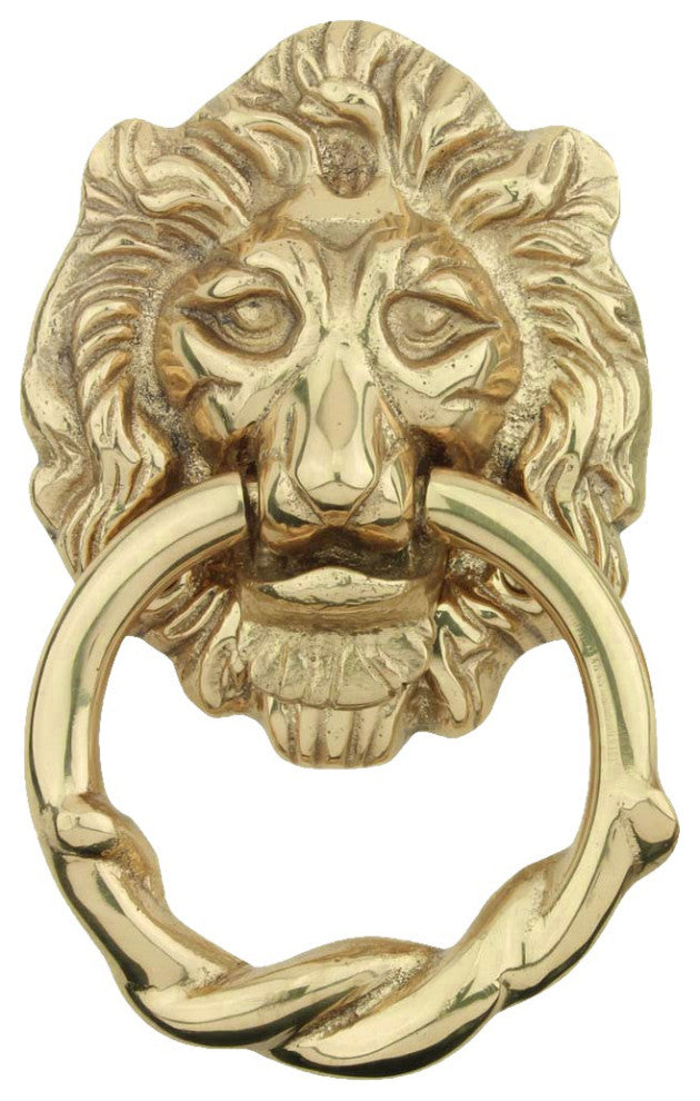 Solid Cast Brass Lion Front Door Knocker 6.25" Tall Lacquered Brass Finish