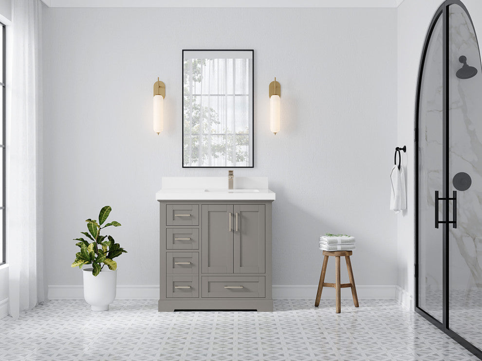 Boston 36 Right Offset Bath Vanity in Elephant Skin Gray 2" White Quartz
