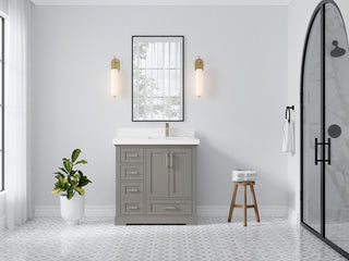 Boston 36 Right Offset Bath Vanity in Elephant Skin Gray 2" White Quartz
