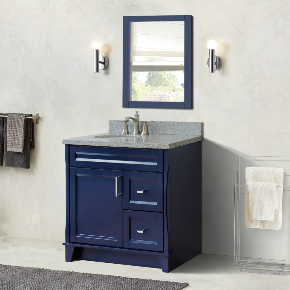 37" Single Sink Vanity, Blue Finish With Gray Granite And Left Door/Left Sink