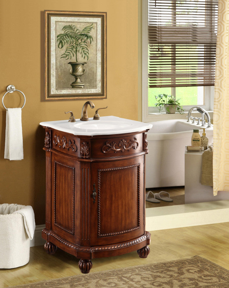 24" Single Bathroom Vanity, Brown With Ivory White Engineered Marble Top