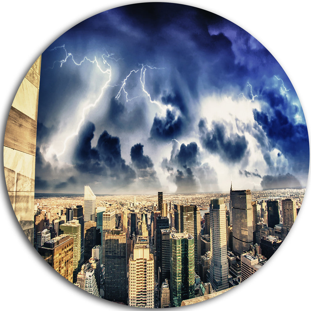 Storm Above Manhattan Skyscrapers, Cityscape Disc Metal Wall Art, 11"