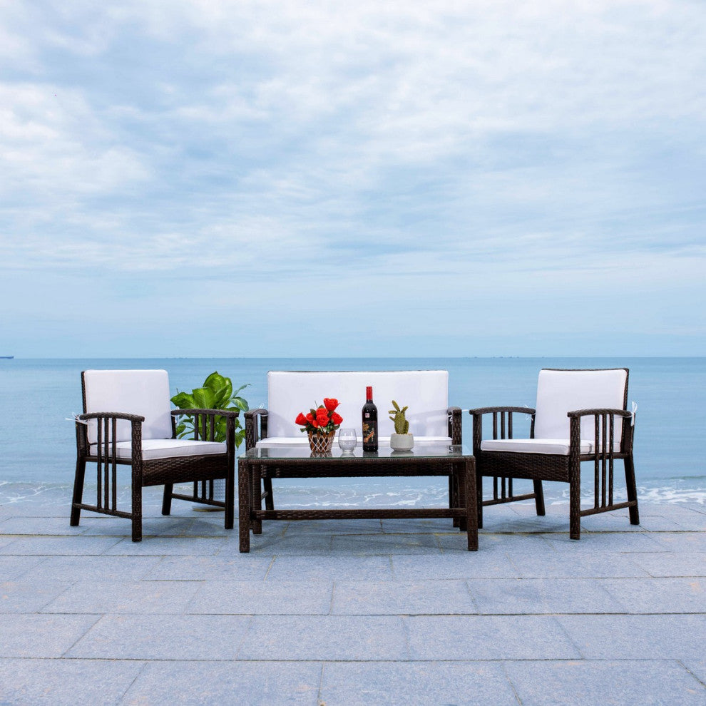 Safavieh Outdoor Reslor 4 Piece Living Set Brown/White Cushion