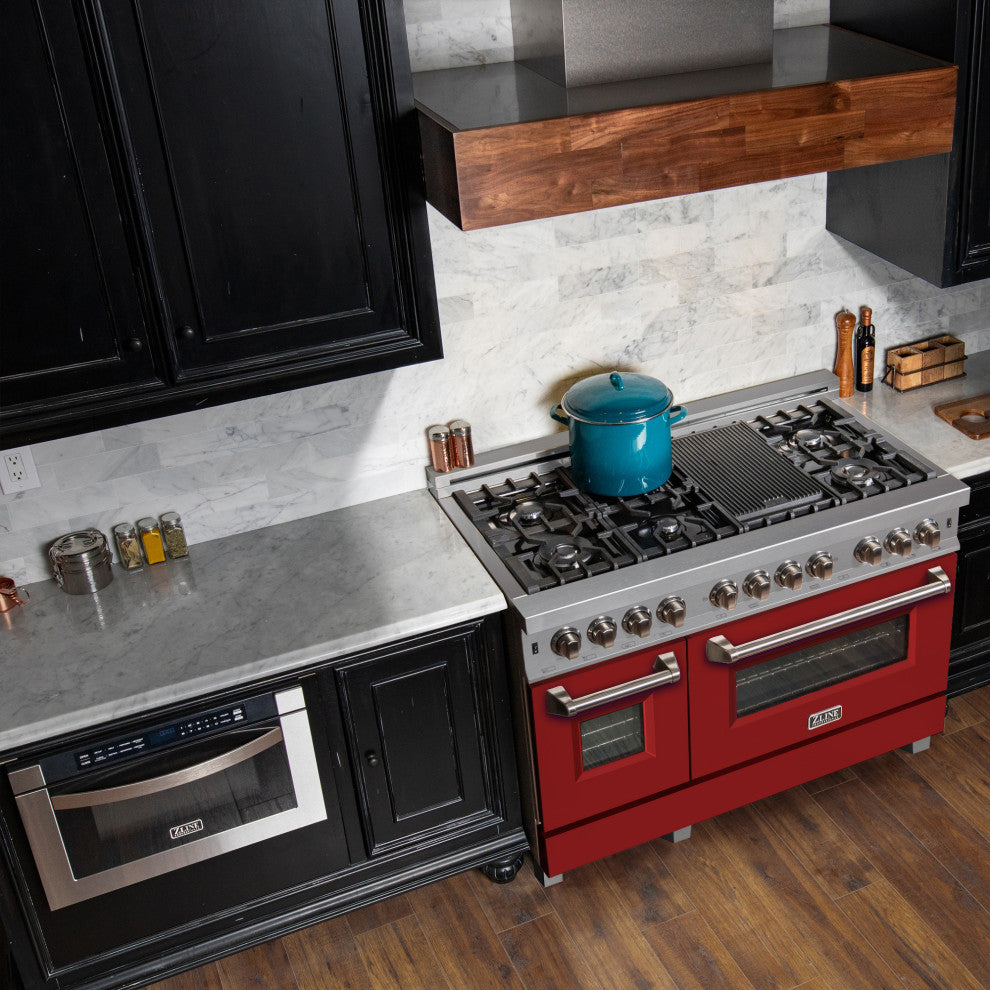 ZLINE 48" Dual Fuel Range, DuraSnow With Red Matte Door RAS-RM-48