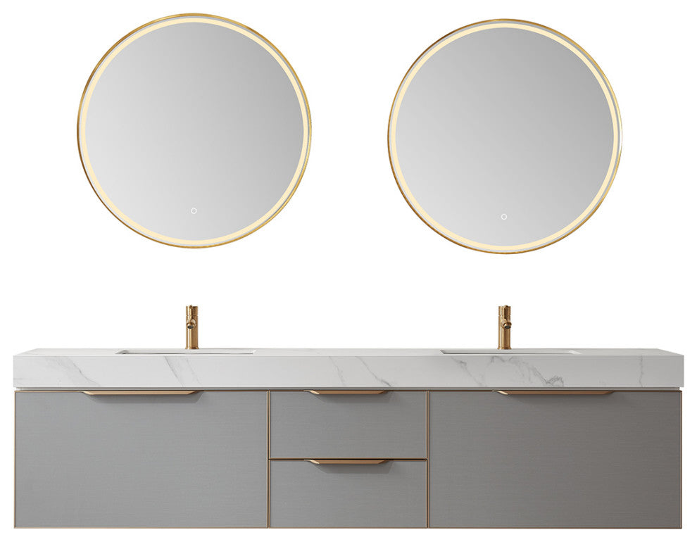 Alicante Vanity With Stone Countertop, Elegant Grey, 84", With Mirror