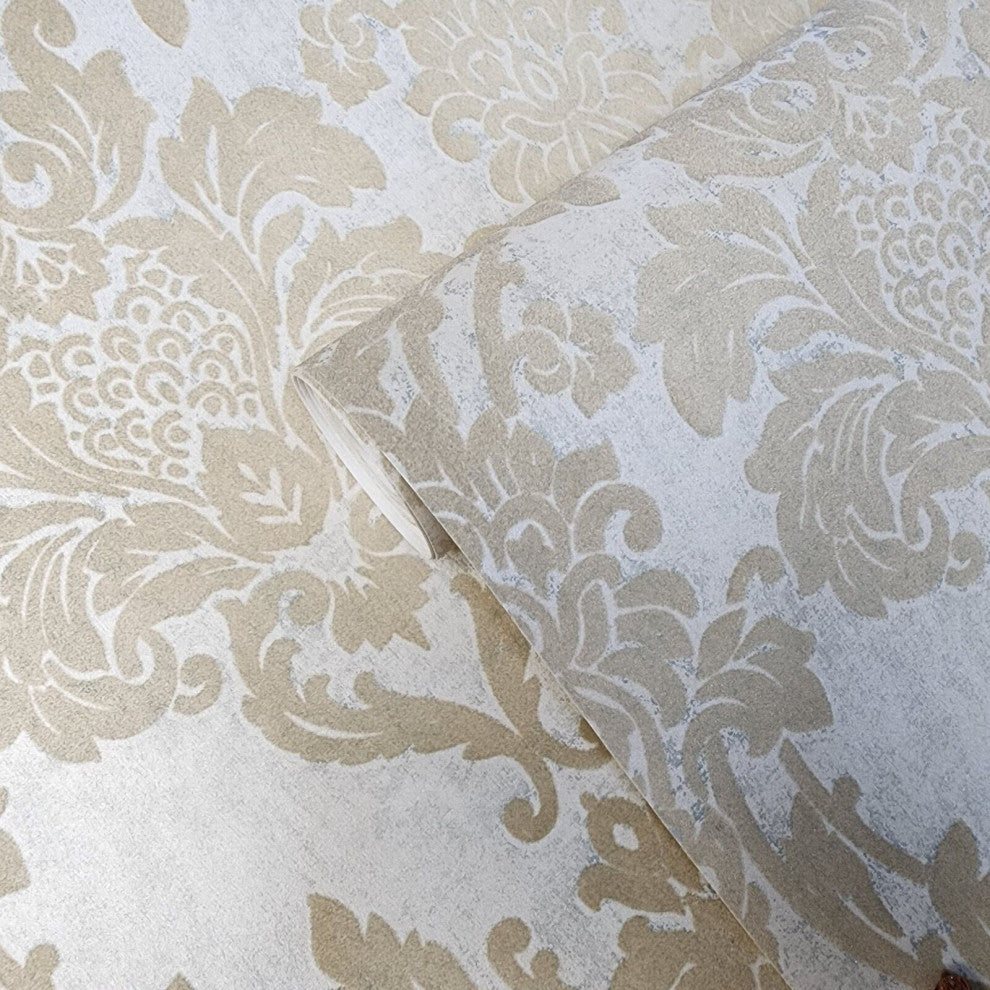 Wallpaper flocking rustic beige Flocked vintage damask velvet wallcoverings roll, Double Roll 57.4 Sq.ft