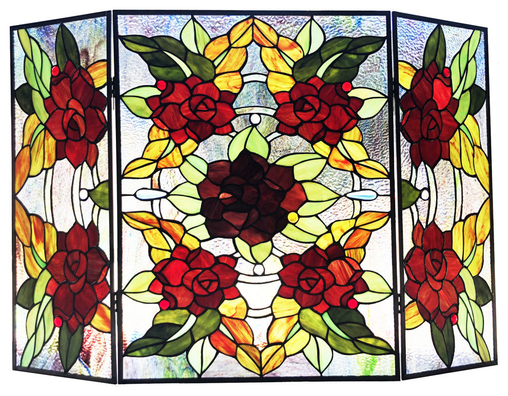 CANNA Tiffany-Style 3-Piece Folding Floral Stained Glass Fireplace Screen, 40"