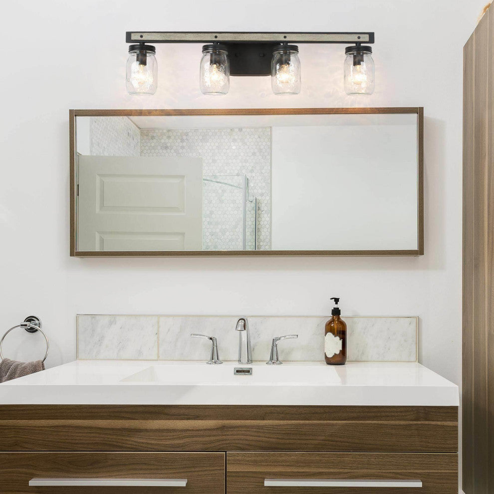 LNC Farmhouse  4-Light Black Bathroom Vanity Light With Mason Jar Glass