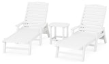 Nautical 3-Piece Chaise Lounge, Arms Set, South Beach 18" Side Table, White