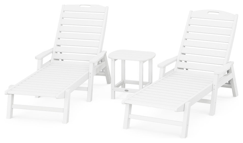 Nautical 3-Piece Chaise Lounge, Arms Set, South Beach 18" Side Table, White