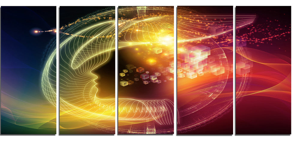 Illuminating Human Head Fractal, Abstract Canvas Art Print, 60"x28", 5 Panels