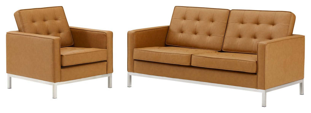 Loft Tufted Upholstered Faux Leather Loveseat and Armchair Set