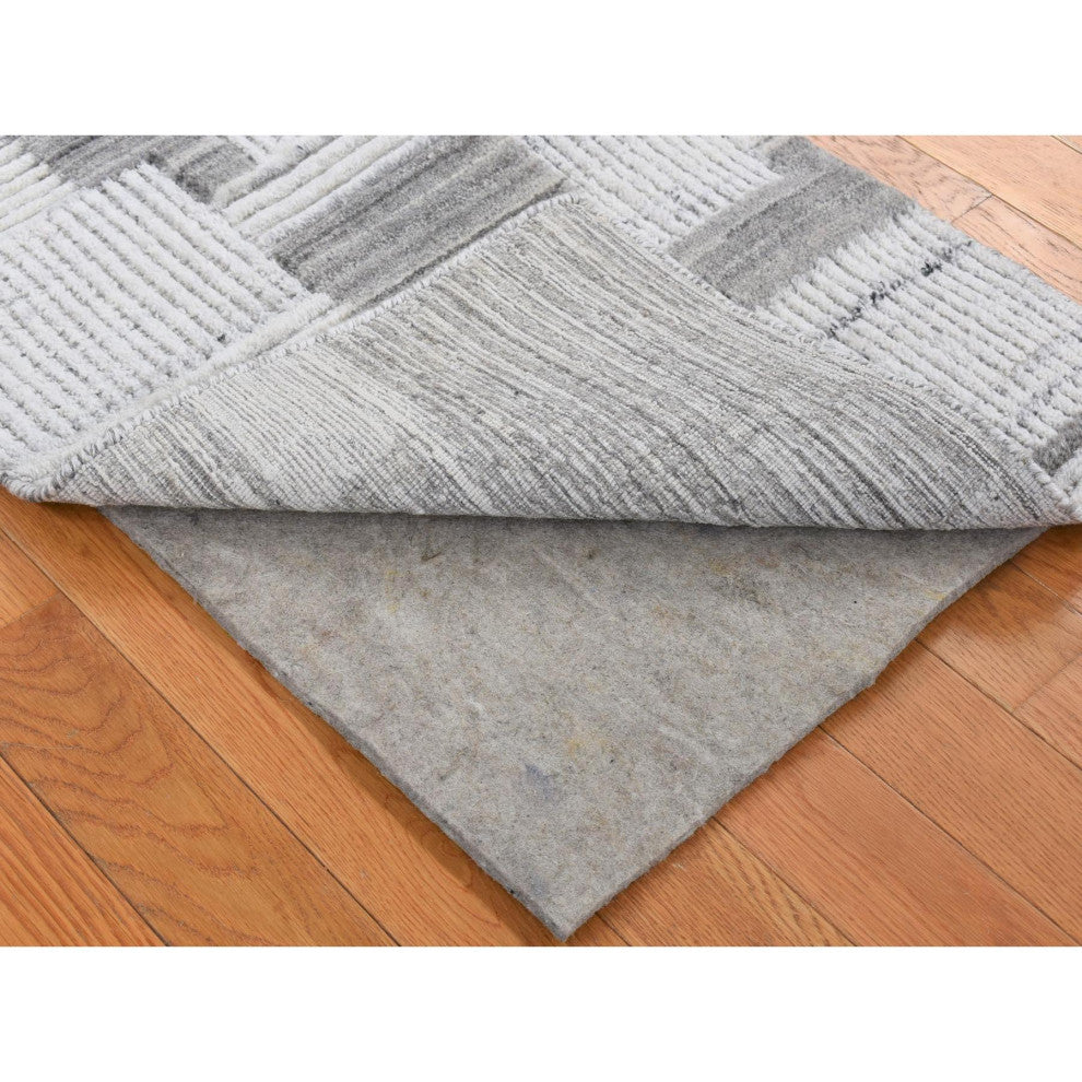 Light Gray Geometric Art Deco Style Pure Wool Hand Loomed Mat Rug, 2'0"x3'0"