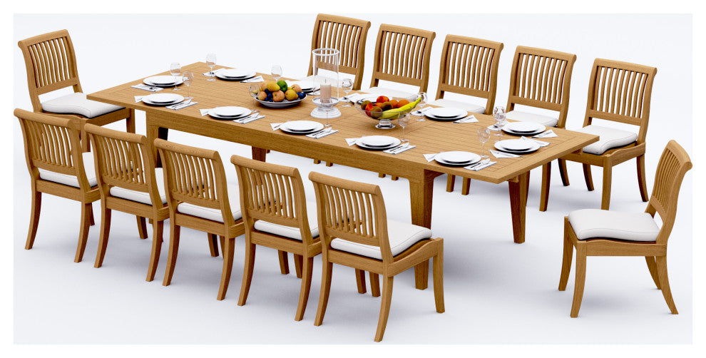13-Piece Teak Dining Set: 122" Rectangle Extn Table 12 Arbor Stacking Arm Chairs