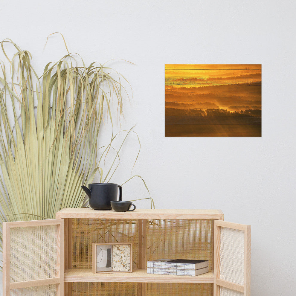Faux Wood Golden Mist Valley - Hills & Mountain Range Wall Art Prints, 18" X 24"