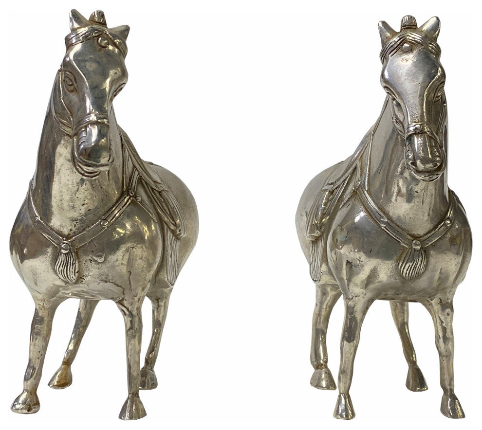 Pair Chinese Oriental Silver Color Metal Fengshui Horse Figures Hws1829