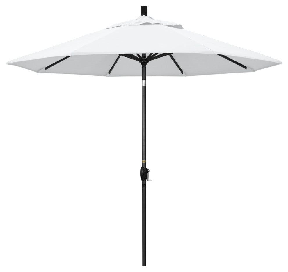 9' Matted Black Push-Button Tilt Crank Aluminum Umbrella, White Olefin