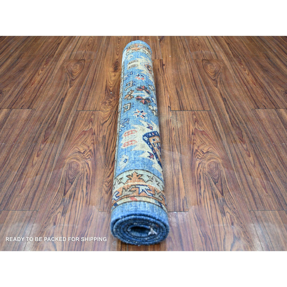 Lapis Blue Soft Wool Hand Knotted Afghan Ersari Runner Rug, 3'x4'