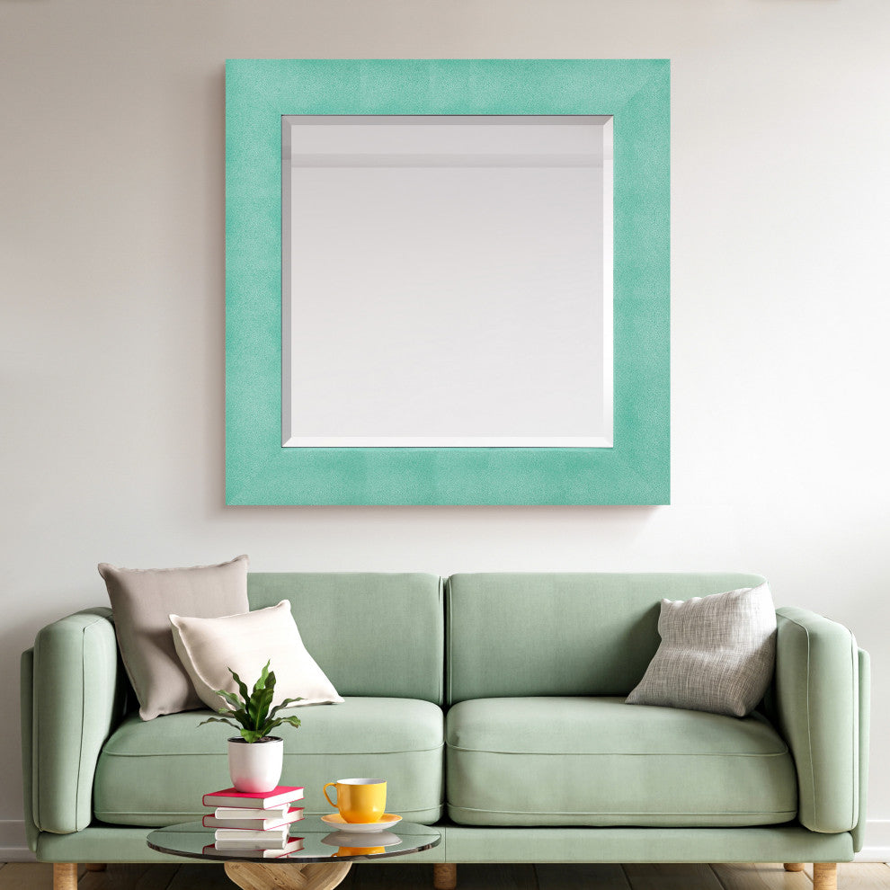 Beveled Wall Mirror, Teal Metallic Shagreen Leather Framed Square Mirror 48x48