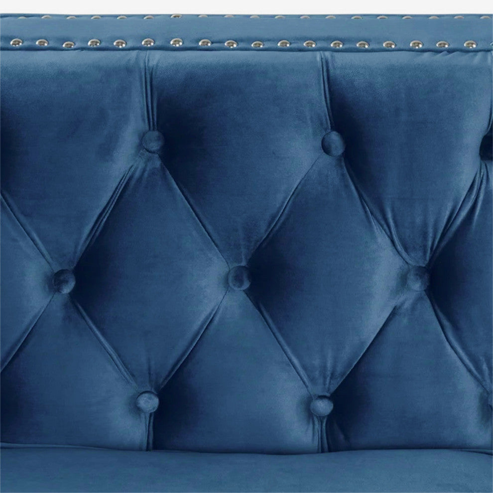 Rebekah 3 Piece Velvet Living Room Set, Gery, Navy Blue, 19''Hx70''Wx24'' D