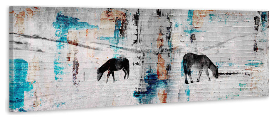"Two Horses Grazing" Painting Print on Wrapped Canvas, 30"x10"