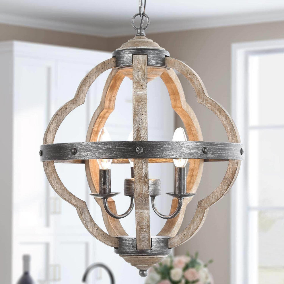 LNC 3-Lights Farmhouse Distressed Gray Globe Cage Mini Chandelier