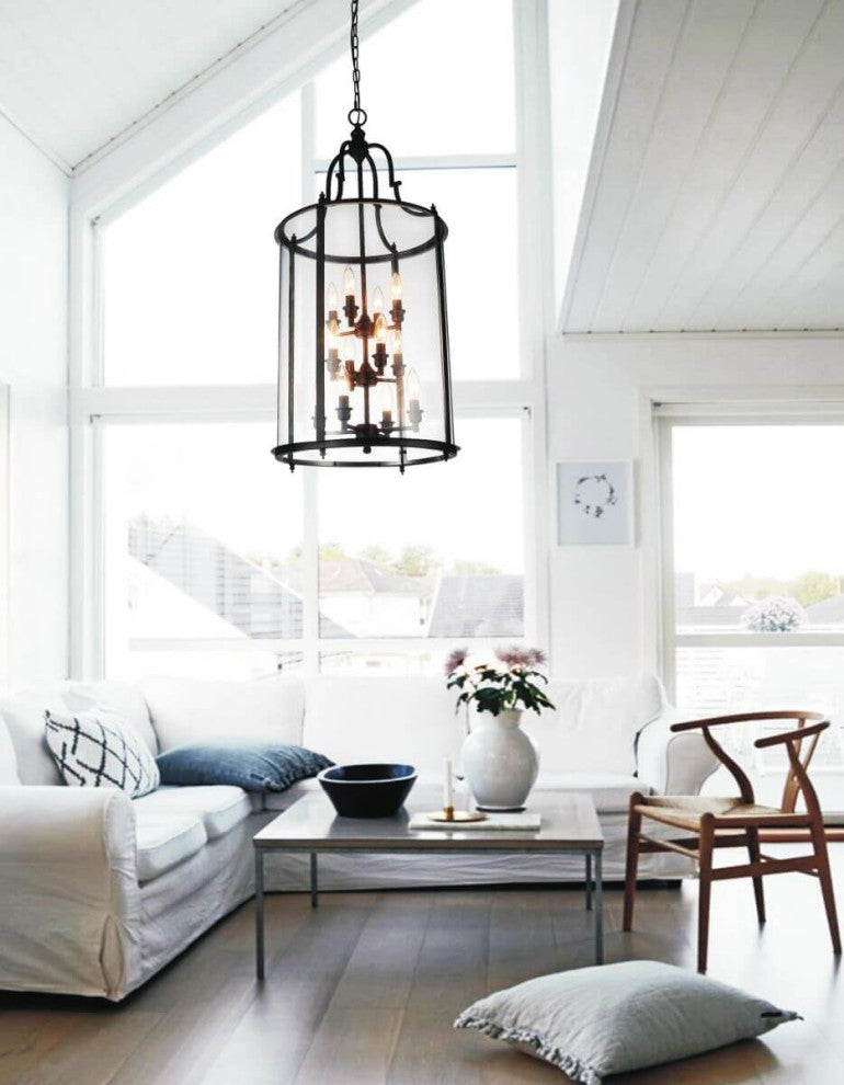 12 Light 17" Drum Shade Chandelier, Oil Rubbed Bronze With Clear Glass