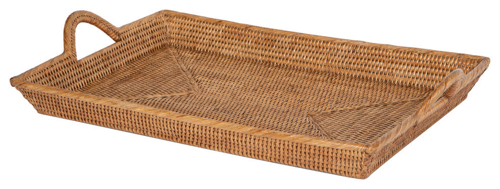 Rattan Decorative Serving Breakfast Tray, Ear Handles, Ottoman Tray, Honey-Brown