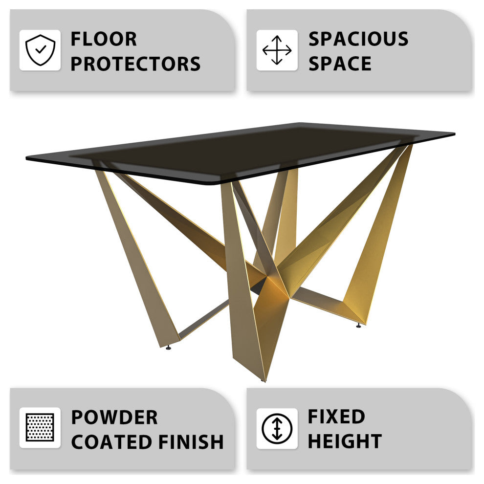 LeisureMod Nuvor Dining Table With Rectangular Top and Gold Steel Base, Black, 55 Inch