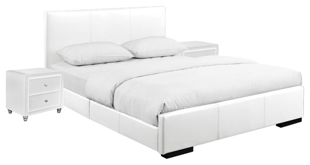 White Upholstered Platform King Bed With Two Nightstands