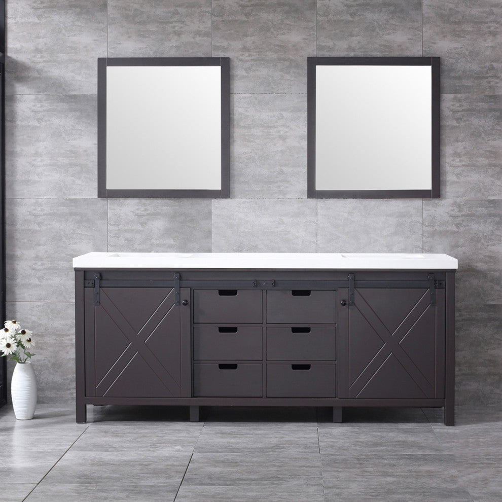 Marsyas 80" Brown Double Vanity Cabinet Quartz Top Sinks, 30" Wall Mirrors