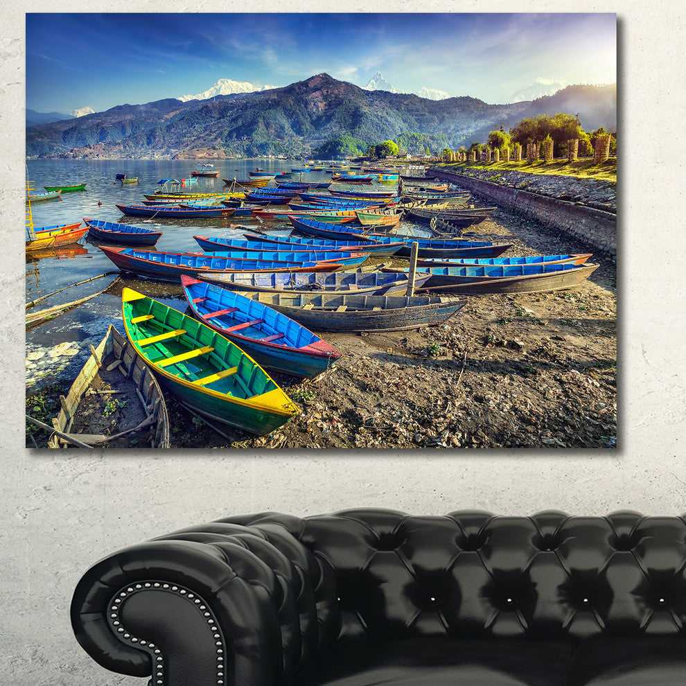 Colorful Boats in Pokhara Lake, Boat Canvas Art Print, 40"x30"