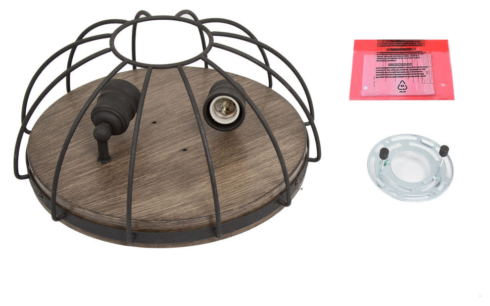 LNC Farmhouse 2-Light Balck Cage Flush Mount Ceiling Light With Wood Accent