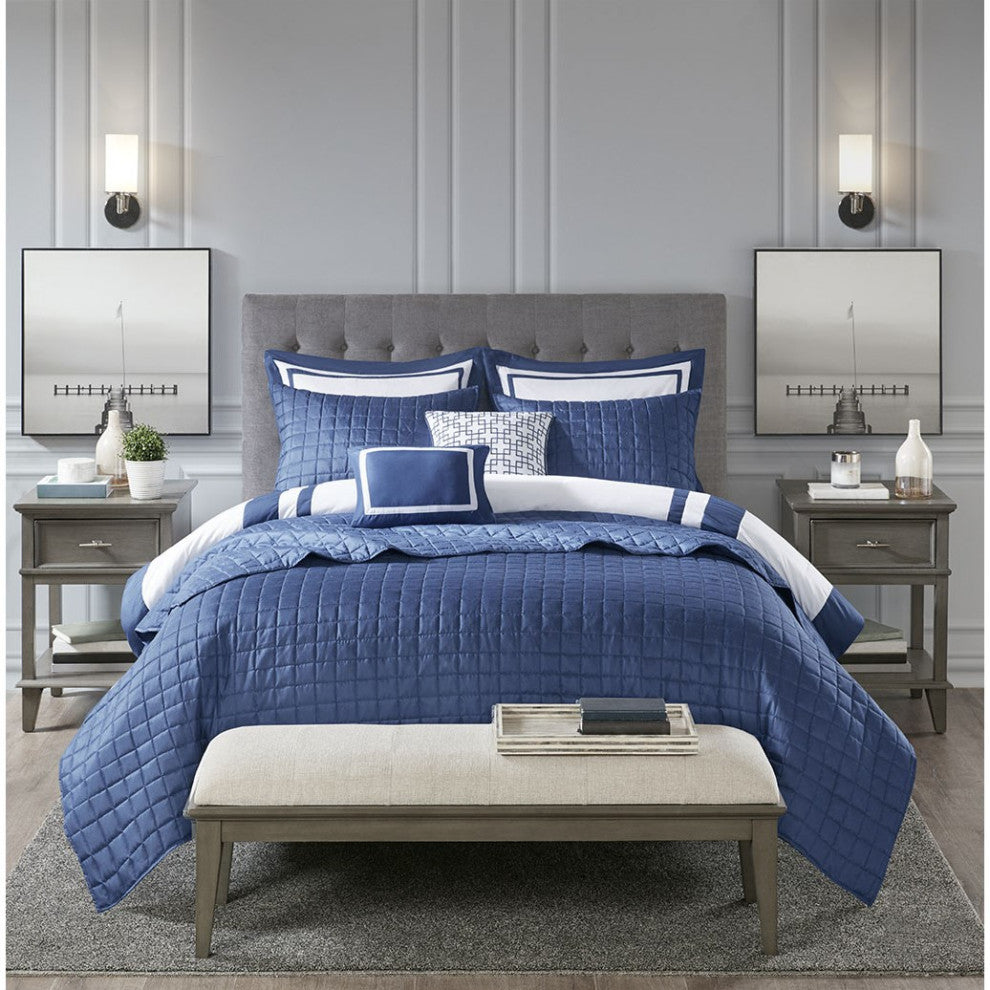 Madison Park Heritage 8 Piece Comforter and Quilt Set Collection, Navy