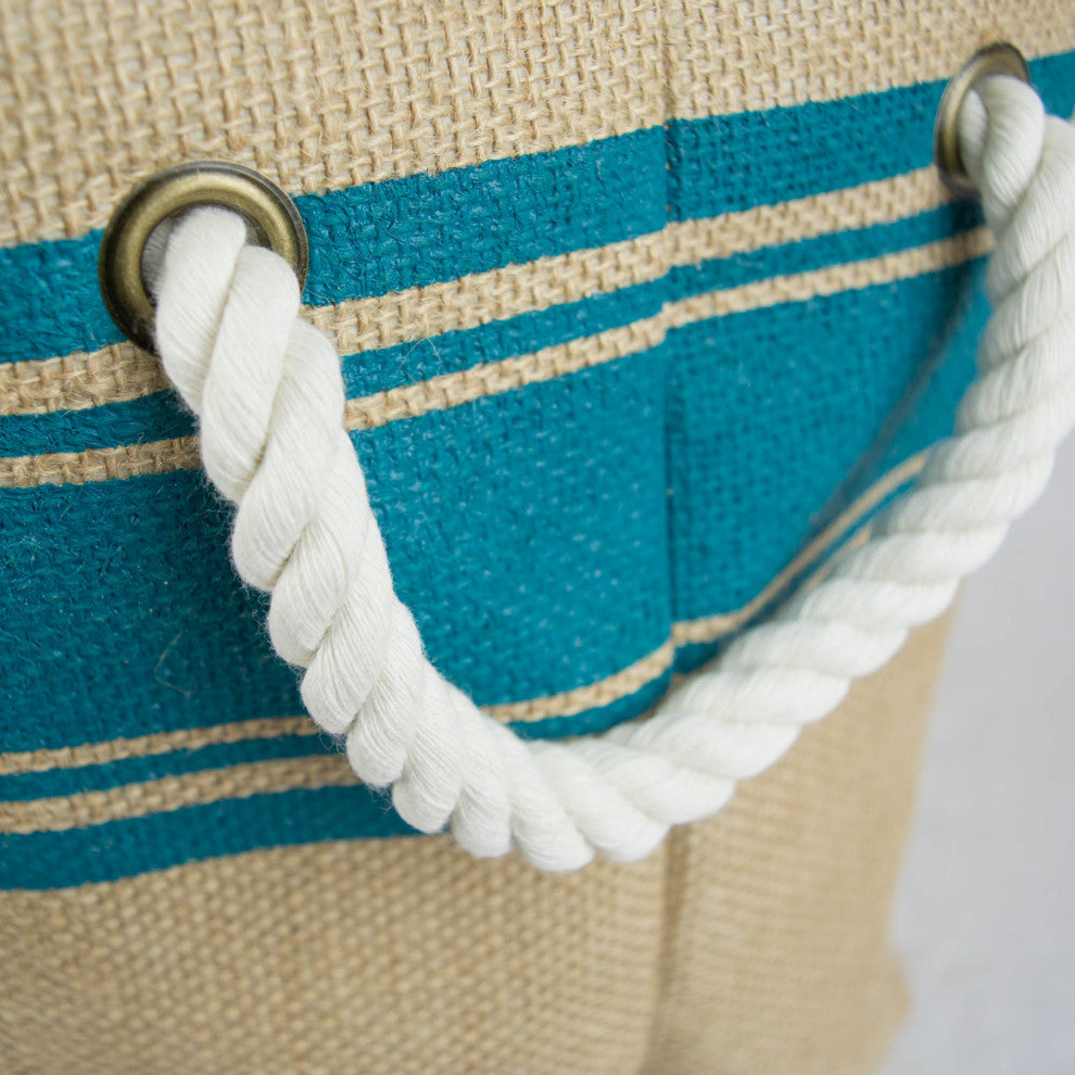 Burlap Bin Border Teal Round Large 15"x16"x16"