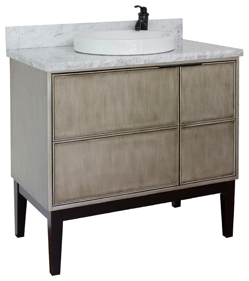 37" Single Vanity, Linen Brown Finish With White Carrara Top And Round Sink