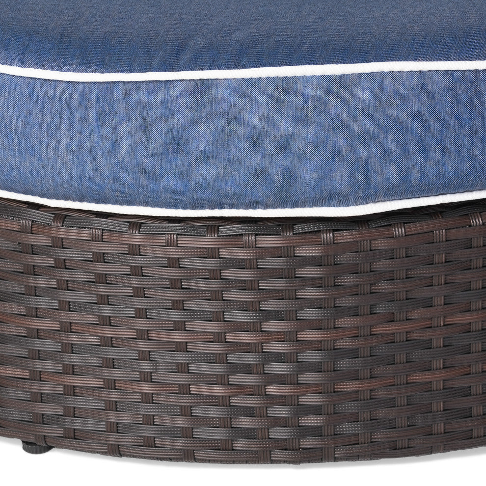 Boden Outdoor Wicker Ottoman With Ice Bucket, Brown/Navy Blue