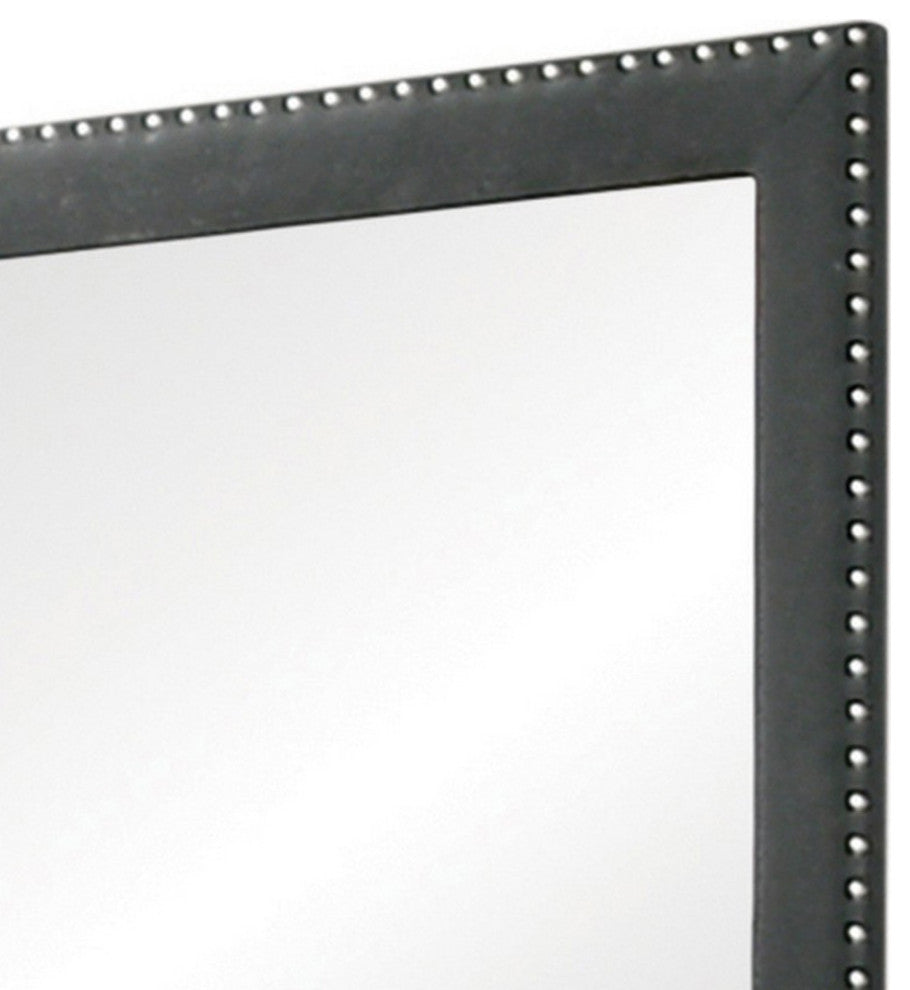 Cale 40 Inch Modern Portrait Mirror, Velvet Upholstery, Nailhead Trim, Gray