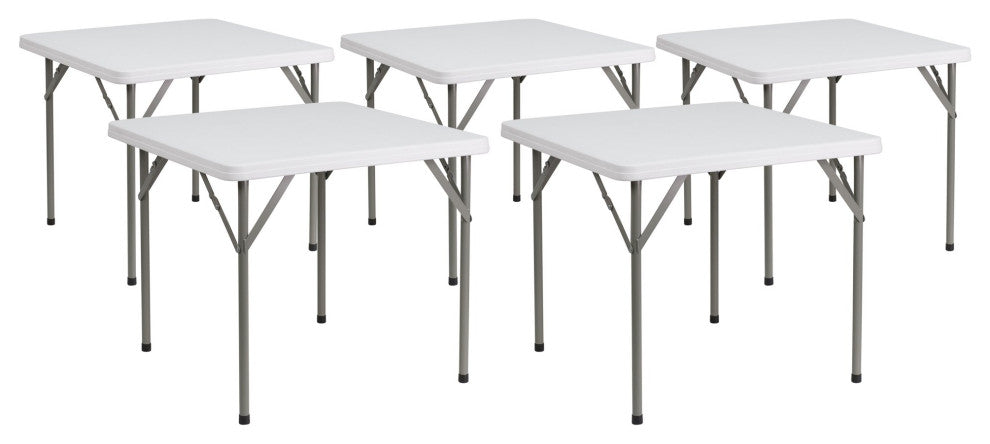 Set of 5 Folding Table, Gray Metal Legs With Square Granite White Finished Top