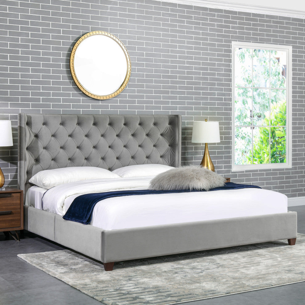 Manhattan Shelter King Platform Bed Frame, Opal Gray Velvet