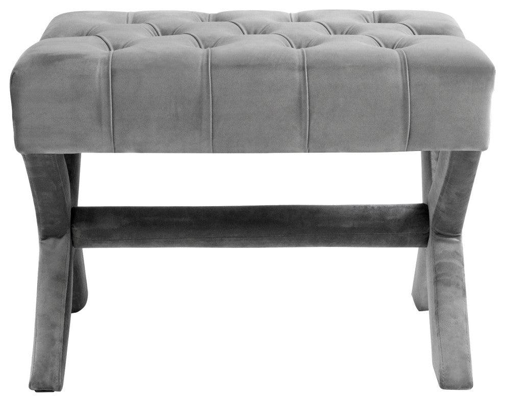 Paola Velvet Button Tufted Silver Nailhead Trim X-Leg Ottoman, Light Gray
