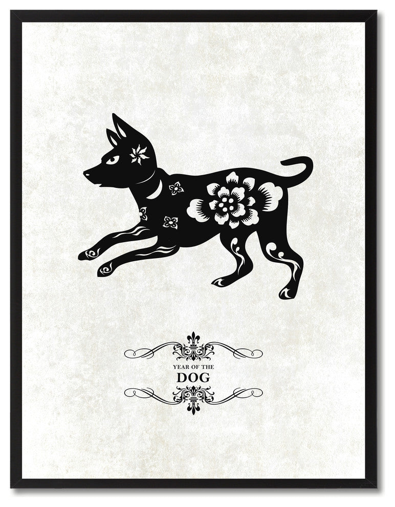Dog Chinese Zodiac White Print on Canvas with Picture Frame, 28"x37"