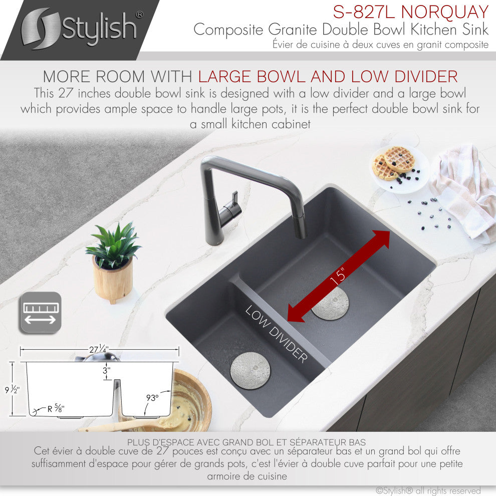 27"x18" Gray Double Bowl 60/40 Dual Mount Granite Kitchen Sink