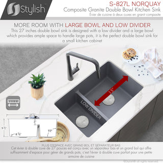 27"x18" Gray Double Bowl 60/40 Dual Mount Granite Kitchen Sink