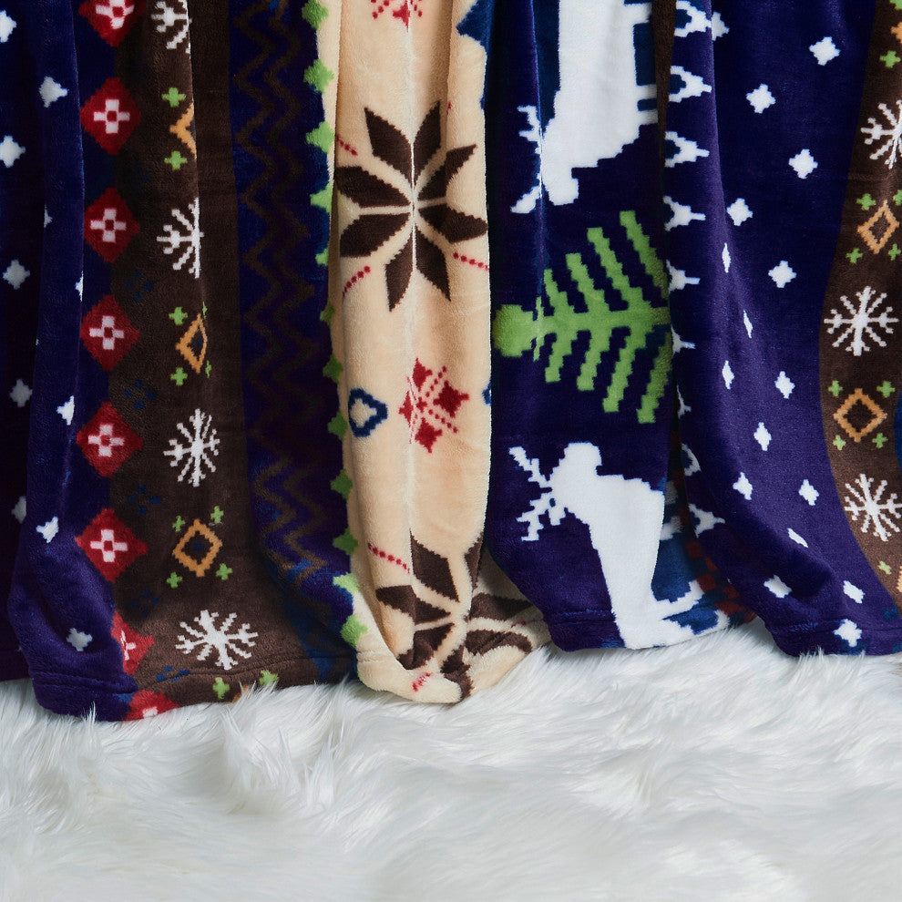 Christmas Deer Flannel Fleece Blanket, Blue Christmas Deer, Queen
