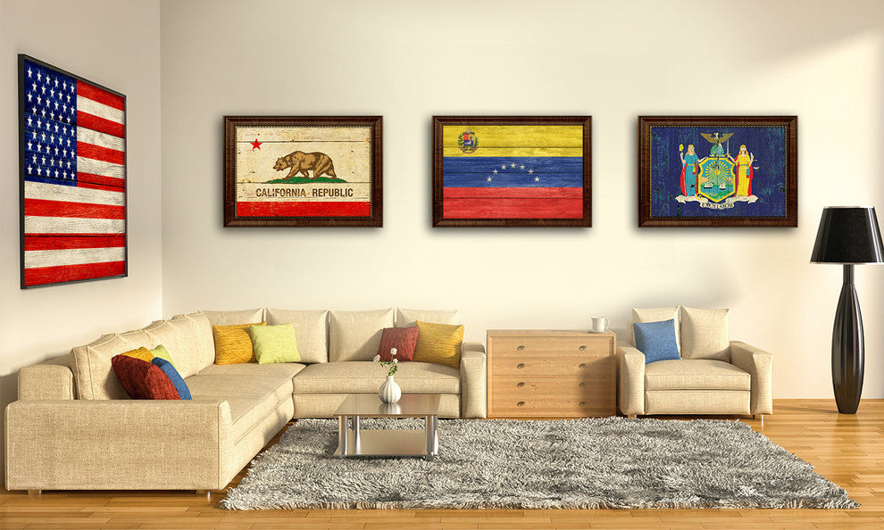 Venezuela Country Textured Flag Print With Brown Gold Frame, 19"X27"