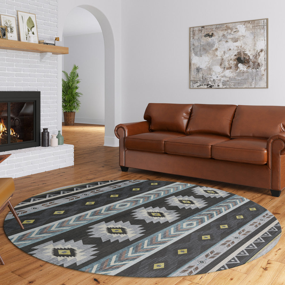 Indoor/Outdoor Phoenix PH3 Black Machine Washable 8' x 8' Round Rug